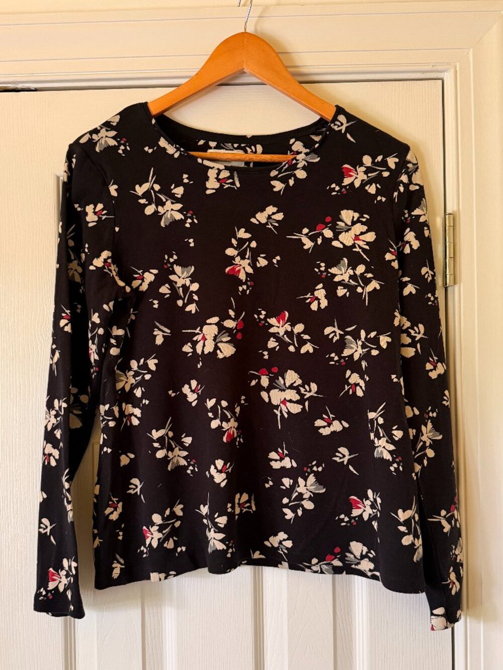 Black Floral Long Sleeve Pima Cotton Top Medium